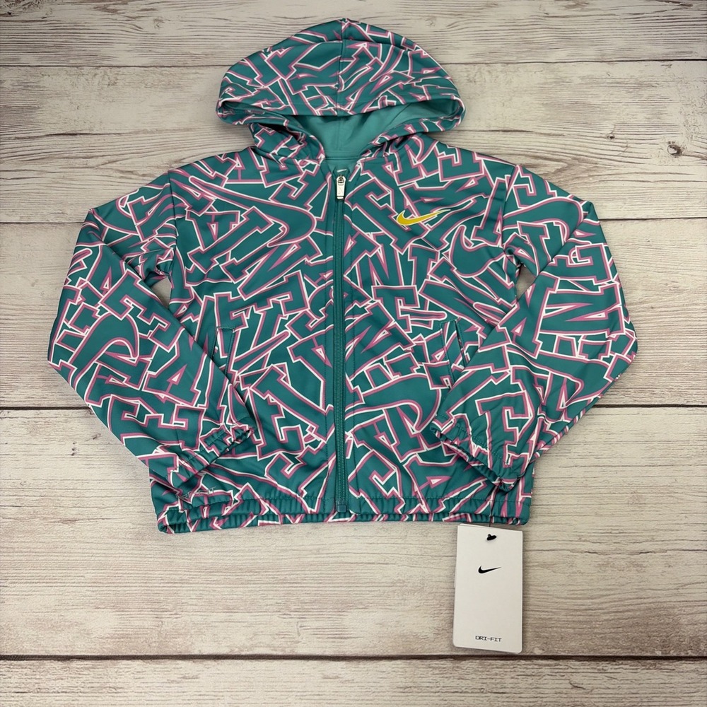 New with Tags Nike Girl's 6M Dri-Fit Teal Pink Geometric Print Track Jacket